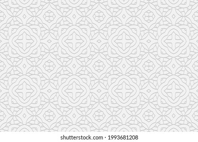 3D volumetric convex embossed geometric white background. Ethnic pattern with a beautiful ornament in the style of stained glass. Islam, Arabic, Indian, Ottoman motives.