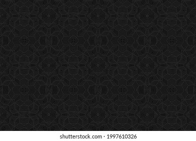 3D volumetric convex embossed geometric black background. Beautiful trendy pattern with ethnic ornament in stained glass style. Islam, Arabic, Indian, Ottoman motives.
