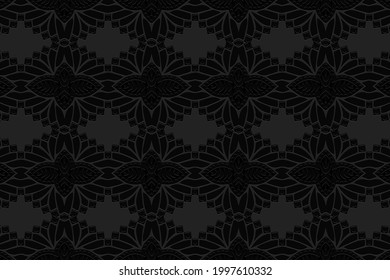 fondo negro volumétrico 3D con relieve geométrico. Hermoso patrón creativo con adorno étnico en estilo de vidrio manchado. Motivos islámicos, árabes, indios, otomanos.