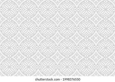 3d volumetric convex embossed geometric white background. Abstract pattern with ethnic ornament in the style of handmade islam, arabic, indian, turkish, pakistani, chinese, ottoman motives.