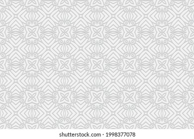 3d volumetric convex embossed geometric white background. A graceful pattern with ethnic ornaments in the style of handmade Islam, Arabic, Indian, Turkish, Pakistani, Chinese, ottoman motives.