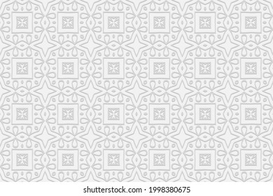 3d volumetric convex embossed geometric white background. Ethnic trendy pattern with handmade ornament in Islam, Arabic, Indian, Turkish, Pakistani, Chinese, ottoman motives.