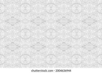 3D volumetric convex embossed geometric white background. Ethnic ornament. Pattern based on oriental motives. Handmade style. Vector graphics for wallpapers, business cards, presentations, textiles.