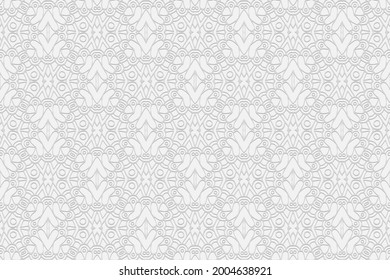 3D volumetric convex embossed geometric white background. Ethnic ornament. Pattern based on oriental motives. Creative handmade style. Vector graphics for wallpaper, business cards, presentations.