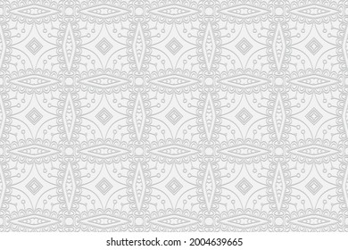 3D volumetric convex embossed geometric white background. Ethnic ornament. Pattern based on oriental motives. Fashionable handmade style. Vector graphics for wallpaper, business cards, presentations.