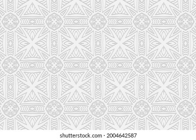 3D volumetric convex embossed geometric white background. Ethnic ornament. Pattern based on oriental motives. Charming handmade style. Vector graphics for wallpapers, business cards, presentations.