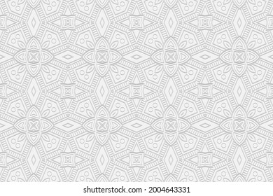 3D volumetric convex embossed geometric white background. Ethnic ornament. Pattern based on oriental motives. Handmade art style. Vector graphics for wallpaper, business cards, presentations, textiles