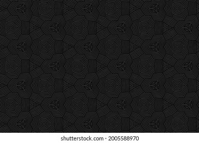 3D volumetric convex embossed geometric black background. Oriental pattern with repeating ethnic elements. Stylish ornament for design and decoration.