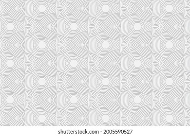 Fondo blanco geométrico de convexo volumétrico 3D. Patrón oriental con elementos étnicos repitiendo. Un adorno elegante para el diseño y la decoración.