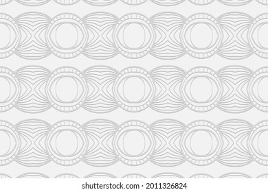 3d volumetric convex embossed geometric white background. Ethnic oriental, asian, indian pattern with handmade elements. Modern wallpaper for design and decor.
