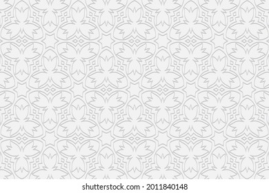 3d volumetric convex embossed geometric white background. Ethnic oriental, asian, indian pattern with handmade elements. Unique original doodling style ornament.