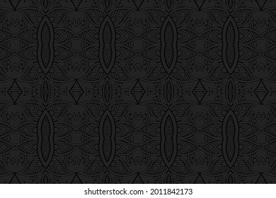 3D volumetric convex embossed geometric black background. Ethnic oriental, asian, indian pattern with handmade elements. Trendy doodle style ornament.