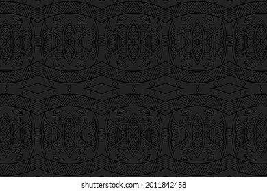 3D volumetric convex embossed geometric black background. Ethnic oriental, asian, indian pattern with handmade elements. Creative unique doodling style ornament.
