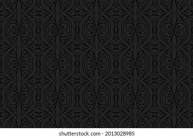 3D volumetric convex embossed geometric black background. Ethnic decorative oriental, Asian, Indian pattern with handmade elements, doodling technique.