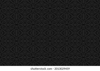 3D volumetric convex embossed geometric black background. Ethnic modern oriental, asian, indian pattern with handmade elements, doodling technique.