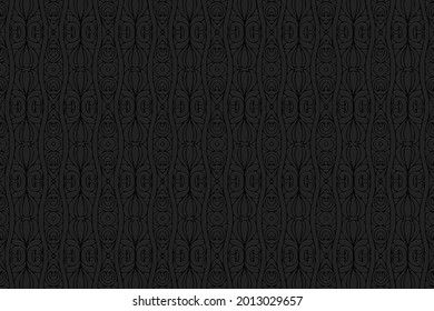 3D volumetric convex embossed geometric black background. Ethnic artistic oriental, Asian, Indian pattern with handmade elements, doodling technique.