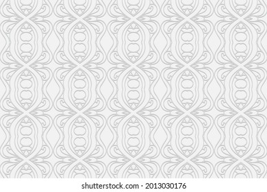 Fondo blanco geométrico de convexo volumétrico 3D. Patrón étnico exótico oriental, asiático, indio con elementos hechos a mano, técnica de garabato.