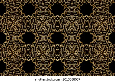 3D volumetric convex embossed geometric gold pattern. Ethnic creative oriental, asian, indian background with handmade elements, doodling technique.