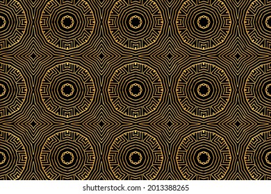 3D Volumetric Convex Embossed Geometric Gold Pattern. Ethnic Abstract Oriental, Asian, Indian Background With Handmade Elements, Doodling Technique.