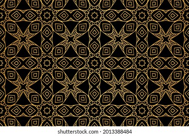 3D volumetrisches, konvexe, geometrisches goldenes Muster. Ethnische, blumenorientalische, asiatische, indische Hintergrund mit handgefertigten Elementen, Doodling-Technik.