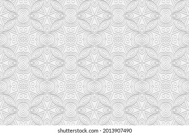 3d volumetric convex embossed geometric white background. Ethnic beautiful oriental, asian, indian pattern with original handmade elements. Doodling technique.