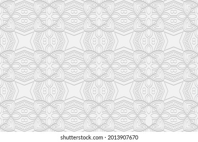 3d volumetric convex embossed geometric white background. Ethnic beautiful oriental, asian, indian pattern with decorative handmade elements. Doodling technique.