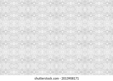 3d volumetric convex embossed geometric white background. Ethnic unique oriental, asian, indian pattern with handmade curly elements. Doodling technique.