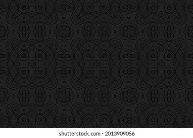 fondo negro volumétrico 3D con relieve geométrico. Patrón étnico único oriental, asiático, indio con elementos hechos a mano. Técnica de garabato.