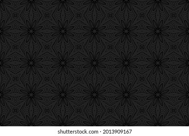3D volumetric convex embossed geometric black background. Ethnic floral abstract oriental, asian, indian pattern with handmade elements. Doodling technique.