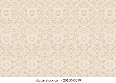 3D volumetric convex embossed geometric beige background. Doodling technique. Ethnic unique oriental, asian, indian pattern with handmade elements for design and decoration. 