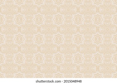 3D volumetric convex embossed geometric beige background. Doodling technique. Ethnic abstract oriental, asian, indian pattern with handmade elements for design and decoration.