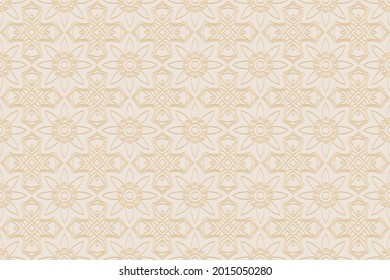 3D volumetric convex embossed geometric beige background. Doodling technique. Ethnic art oriental, asian, indian pattern with handmade elements for design and decoration.