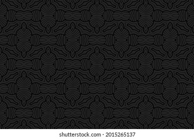 3D volumetric convex embossed geometric black background. Original doodling technique. Ethnic oriental, asian, indian pattern with handmade elements for design and decoration.