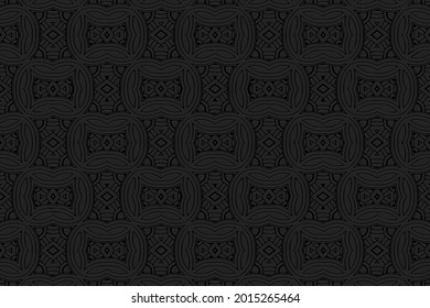 3D volumetric convex embossed geometric black background. Decorative doodling technique. Ethnic oriental, asian, indian pattern with handmade elements for design and decoration.