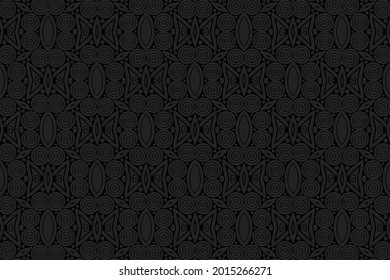 3D volumetric convex embossed geometric black background. Beautiful and unique doodling technique. Ethnic oriental, asian, indian pattern with handmade elements for design and decoration.