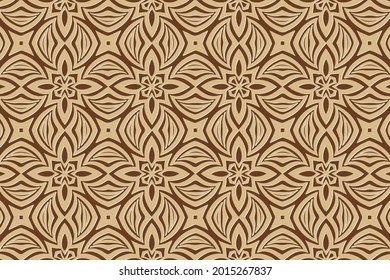 3D volumetric convex embossed geometric beige pattern on a brown background. Ethnic decorative oriental, Asian, Indian motives with handmade elements for design and decoration.
