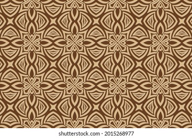 3D volumetric convex embossed geometric beige pattern on a brown background. Ethnic exquisite oriental, Asian, Indian motives with handmade elements for design and decoration.