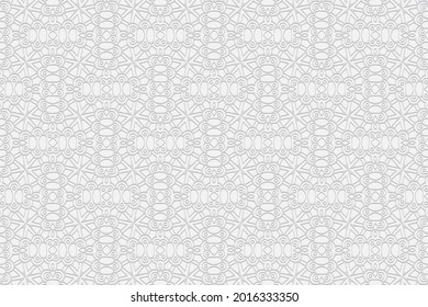 3D volumetric convex embossed geometric white background. Abstract pattern in a unique doodling technique. Ethnic oriental, Asian, Indonesian motives with handmade elements for design and decoration.