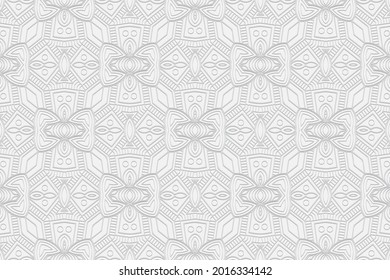 3D volumetrischer, konvexe, geprägter geometrischer weißer Hintergrund. Spektakuläres Muster in einer einzigartigen Doodling-Technik. Ethnische orientalische, asiatische, indonesische Motive mit handgefertigten Designelementen.