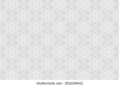3D volumetric convex embossed geometric white background. Decorative pattern in a unique doodling technique. Ethnic oriental, Asian, Indonesian motives with handmade elements for design and decoration