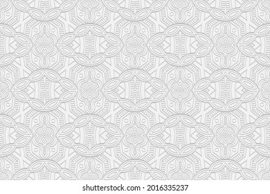 3D volumetric convex embossed geometric white background. Artistic pattern in a unique doodling technique. Ethnic oriental, Asian, Indonesian motives with handmade elements for design and decoration.