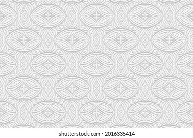 3D volumetrischer, konvexe, geprägter geometrischer weißer Hintergrund. Stilvolles Muster in einer einzigartigen Doodling-Technik. Ethnische orientalische, asiatische, indonesische Motive mit handgefertigten Elementen für Design und Dekoration.