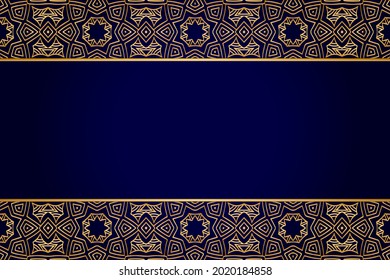 3d volumetric convex embossed geometric dark blue background with ethnic gold pattern, unique arabesque. Oriental, Asian, Indian ornament for design and decor. Horizontal inserts.