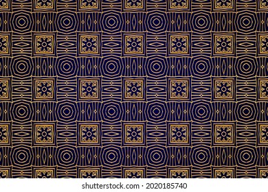 3D volumetric convex embossed geometric dark blue background with ethnic gold pattern, original arabesque. Oriental, Asian, Indian ornament for design and decoration.