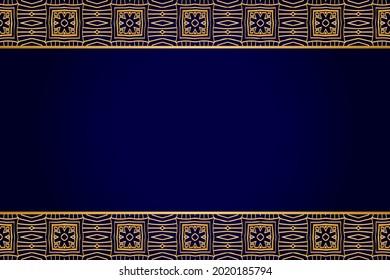 3D volumetric convex embossed geometric dark blue background with ethnic gold pattern, original arabesque. Oriental, Asian, Indian ornament for design and decor. Horizontal inserts.