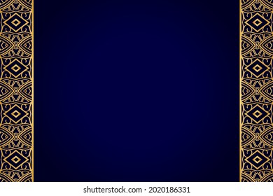 3d volumetric convex embossed geometric dark blue background with ethnic gold pattern, abstract arabesque. Oriental, Asian, Indian ornament for design and decoration. Vertical inserts.