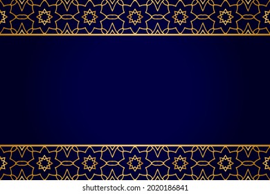 3d volumetric convex embossed geometric dark blue background with ethnic gold pattern, graceful arabesque. Oriental, Asian, Indian ornament for design and decor. Horizontal inserts.