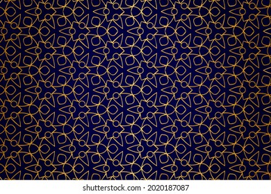 3d volumetric convex embossed geometric dark blue background with ethnic gold pattern, openwork arabesque. Oriental, Asian, Indian ornament for design and decoration.