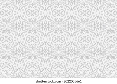 3d volumetric convex embossed geometric white background. Handmade pattern. Ethnic oriental, Asian, Indonesian ornament, unique arabesque for design and decoration.