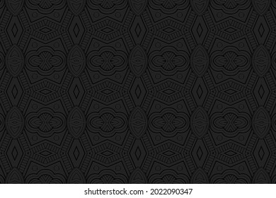 3D volumetric convex embossed geometric black background. Handmade pattern. Ethnic oriental, asian, indonesian art ornament, arabesque for design and decoration.